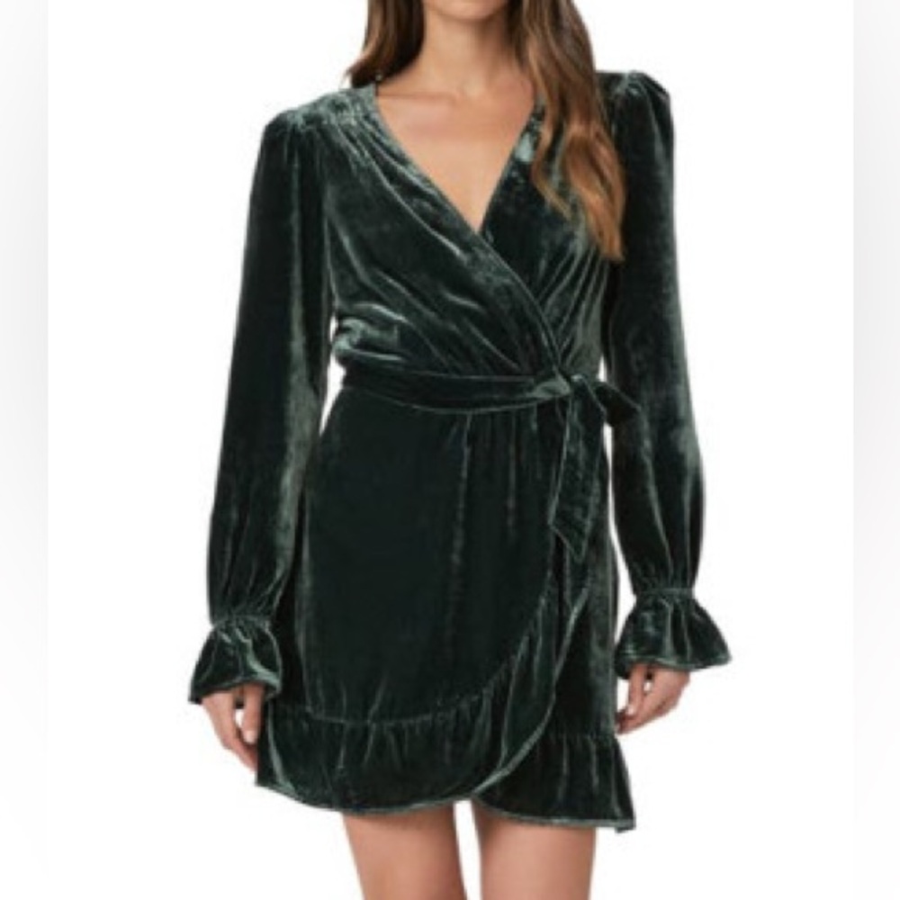 PAIGE Ysabel Long Sleeve Velvet Wrap Minidress in Dark Forest size small NWT